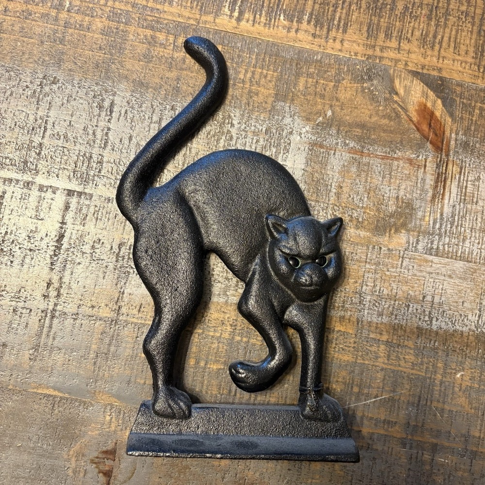 Vintage Cast Iron Door Stop Black Cat Spooky Feline Heavy 11" Tall